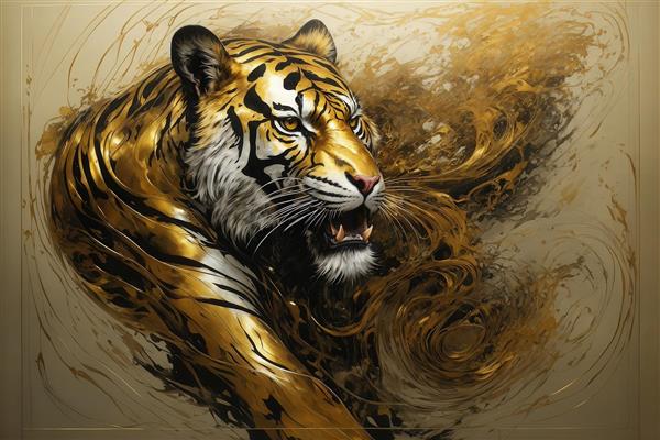 عکس ببر طلایی خشمگین با خطوط طلای مایع برای تابلو دکوراتیو
