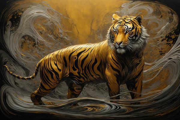 طرح ببر طلایی در میان امواج آبستره برای چاپ تابلو دکوراتیو