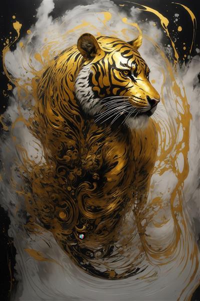 تصویر ببر طلایی با پرهای موج‌دار آبستره سفید و طلایی