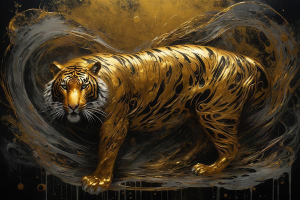 عکس ببر طلایی با خطوط انتزاعی در پس‌زمینه تیره برای چاپ