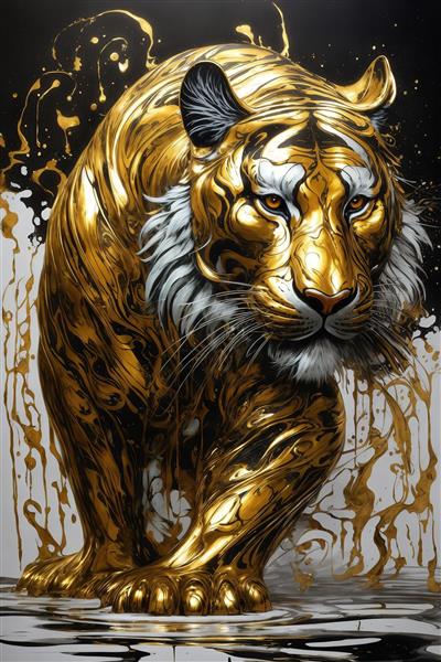 طرح ببر طلایی در حال حرکت با موج‌های سفید و طلایی برای پوستر