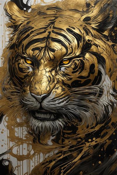 تصویر چهره ببر طلایی با جزئیات مجلل و دندان‌های نمایان