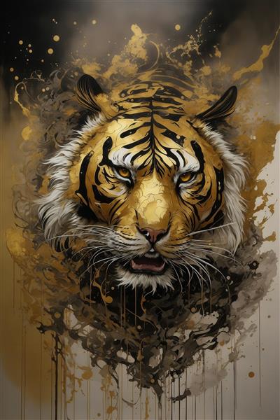 عکس ببر طلایی با پس‌زمینه جوهری سیاه و طلایی برای تابلو