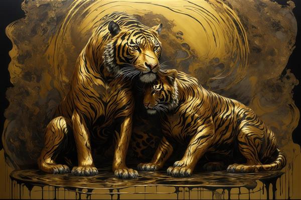 تصویر دو ببر طلایی مجلل در پس‌زمینه تیره برای چاپ روی پرده