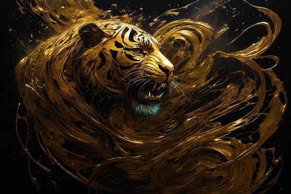 طرح ببر طلایی انتزاعی با خطوط موج‌دار و سیاه برای چاپ روی روتختی