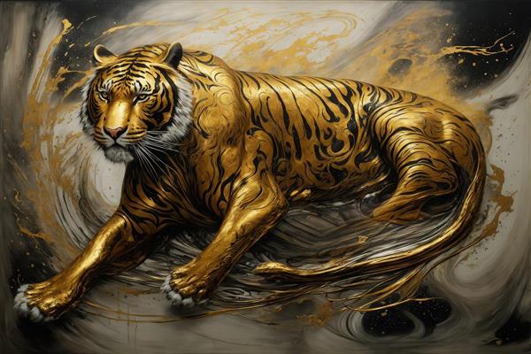 تصویر ببر طلایی در حال استراحت به سبک آبستره برای پوستر دیواری