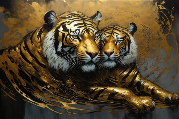 عکس دو ببر طلایی و سیاه درخشان برای تابلو دکوراتیو زوج