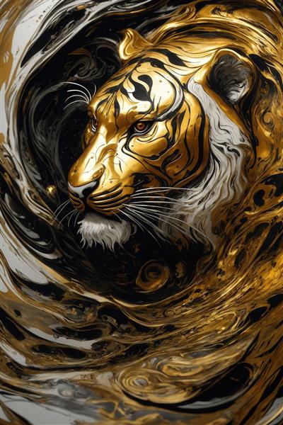 عکس ببر طلایی در میان موج‌های آبستره سیاه و سفید برای تابلو