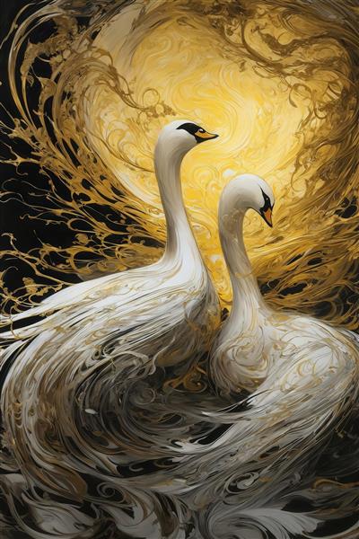 تصویر قوهای سفید و طلایی مجلل در میان نور درخشان برای تابلو