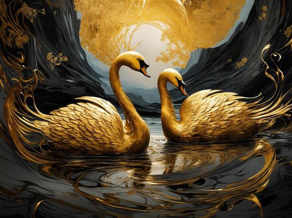 عکس دو قو طلایی در آب‌های سیاه برای پوستر دیواری اتاق خواب