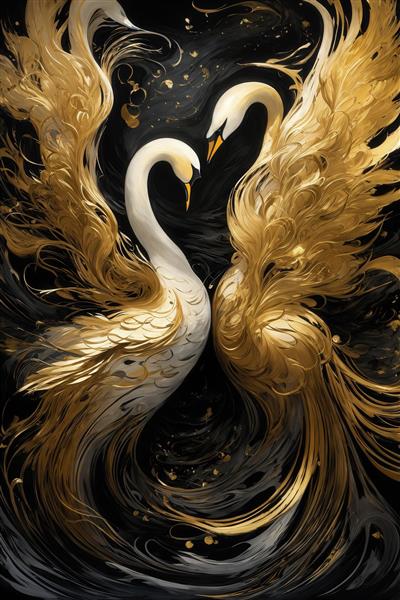 طرح قوهای سفید و طلایی با پرهای بلند و آبستره برای چاپ روتختی