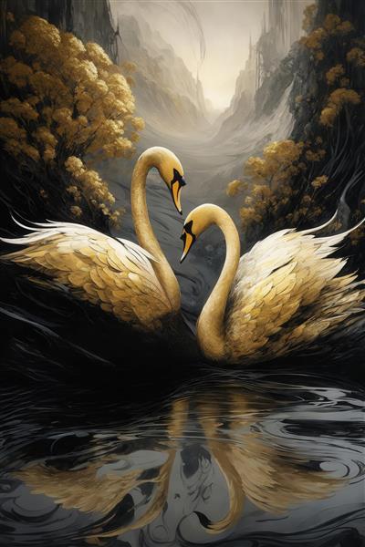 تصویر دو قو سفید و طلایی در دره کوهستانی با رودخانه آبستره