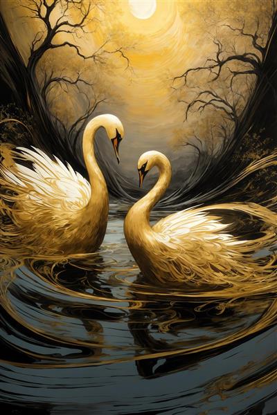 طرح قوهای سفید و طلایی در منظره جنگل تیره برای چاپ پرده چاپی