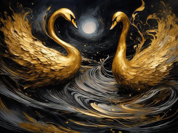 تصویر قوهای طلایی و سیاه در شب با نور ماه برای پوستر دکوراتیو