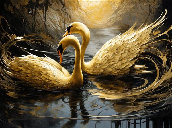 عکس قوهای طلایی مجلل در آب تیره برای تابلو دکوراتیو اتاق نشیمن