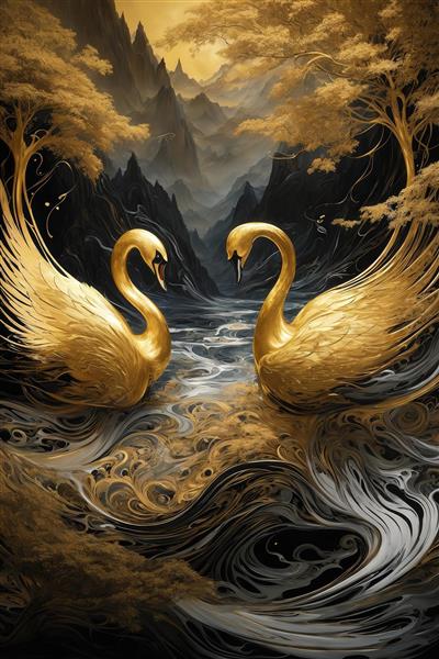 تصویر دو قو طلایی در آب رودخانه کوهستان به سبک نقاشی آبستره