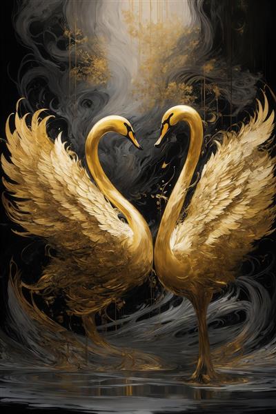 عکس قوهای طلایی ایستاده به شکل قلب با بال‌های بزرگ برای تابلو