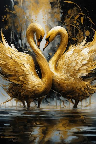 طرح دو قو طلایی روی آب ایستاده برای تابلو دکوراتیو اتاق پذیرایی