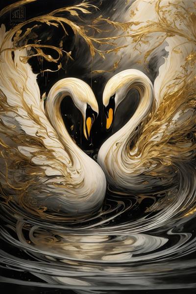 عکس قوهای سفید و طلایی به شکل قلب در آب برای پوستر دیواری