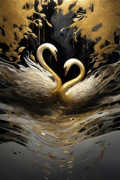طرح قوهای سفید و طلایی عاشقانه با آب‌های تیره برای چاپ پرده