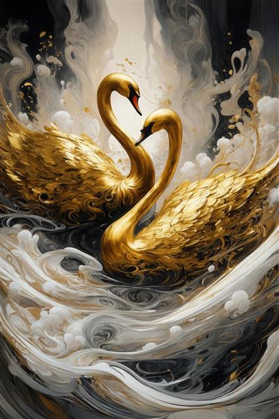 تصویر قوهای طلایی و سفید در میان امواج آبستره برای تابلو دکوراتیو