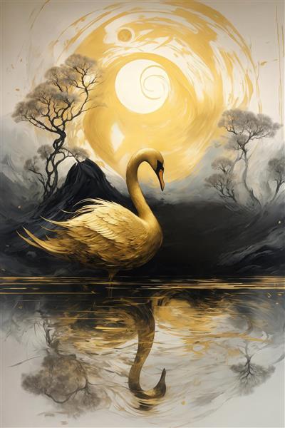 تصویر قو طلایی در منظره کوهستانی به سبک آبستره برای تابلو