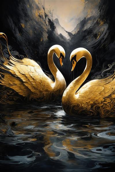 تصویر دو قو طلایی و تیره در آب برای تابلو دکوراتیو اتاق خواب