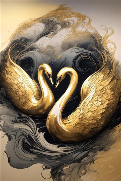 تصویر دو قو طلایی و سیاه به صورت قلب برای چاپ تابلو دکوراتیو