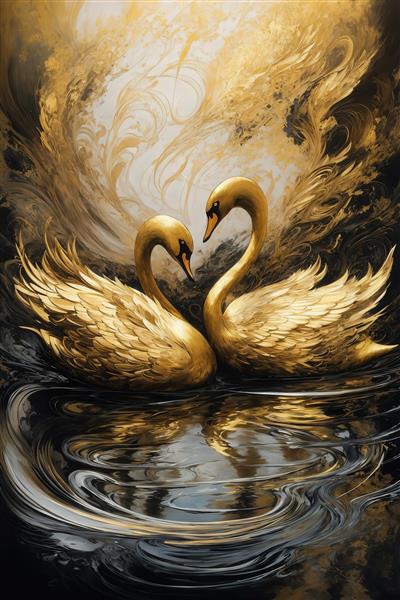 عکس قوهای طلایی درخشان در آب برای پوستر دیواری اتاق پذیرایی