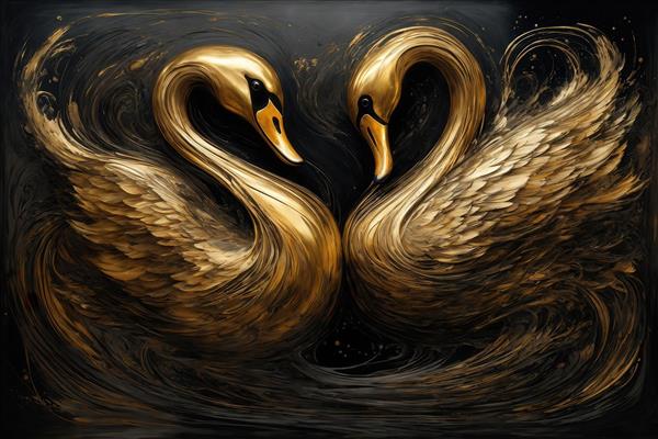 تصویر قوهای طلایی زوج با پس‌زمینه تیره برای تابلو یا پرده چاپی