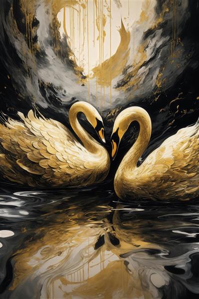 عکس دو قو طلایی زیبا در آب تیره برای تابلو دکوراتیو اتاق خواب