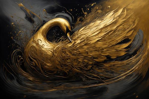 عکس قو طلایی با پرهای مجعد در آب تیره برای پوستر دکوراتیو