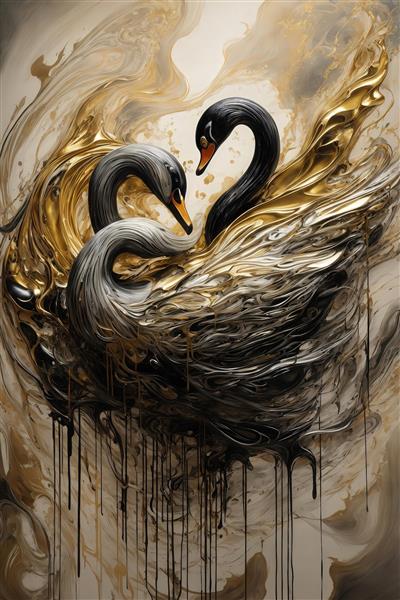 طرح دو قو سیاه و سفید آبستره با طلایی برای دکوراسیون عاشقانه