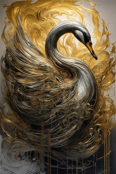 طرح قو تزئینی با پرهای نقره‌ای و طلایی برای پوستر دیواری مدرن