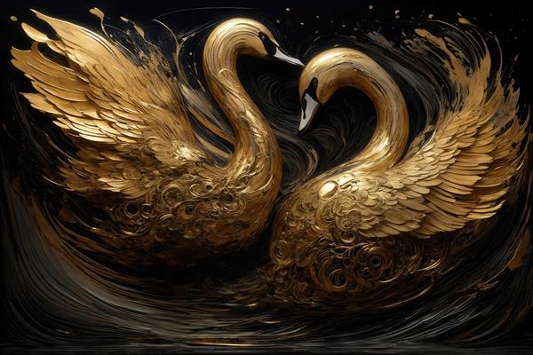 تصویر دو قو طلایی درخشان با پرهای ریز برای چاپ تابلو پذیرایی