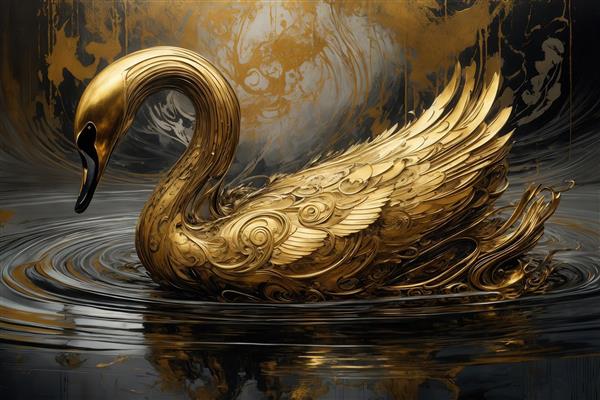 عکس قو طلایی مجلل در آب تیره به سبک دکوراتیو و مینیمال