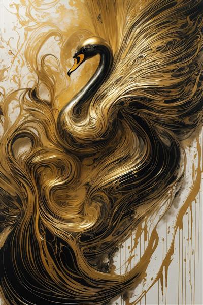 تصویر قو سیاه و طلایی با پرهای بلند و آبستره برای چاپ روتختی