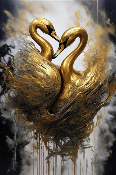 تصویر دو قو طلایی در میان ابرهای خاکستری و طلایی لوکس