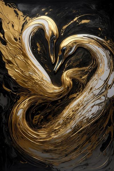 طرح دو قو سفید و طلایی با پرهای مایع و قلبی شکل برای تابلو