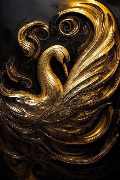 تصویر قو طلایی در زمینه سیاه با پرهای مایع دکوراتیو و لوکس