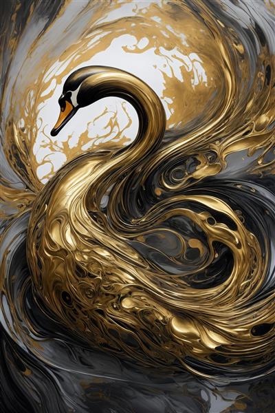 طرح قو با پرهای طلایی و خاکستری در گرداب آبستره لوکس