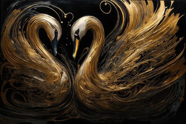 عکس دو قو با پرهای آبستره طلایی و سفید در زمینه تیره