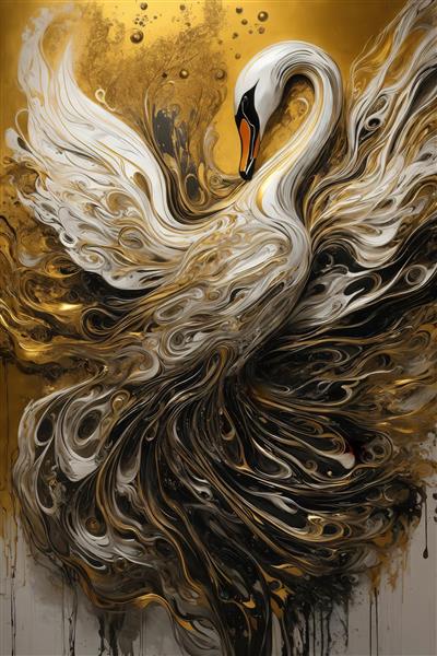 تصویر قو با بال‌های سفید و پرهای آبستره طلایی و سیاه برای تابلو