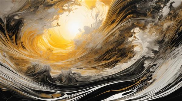 تصویر آبستره گرداب طلایی و سیاه با مرکز نورانی برای چاپ