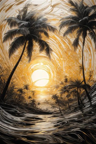 طرح درختان نخل انتزاعی در غروب خورشید طلایی و امواج سیاه