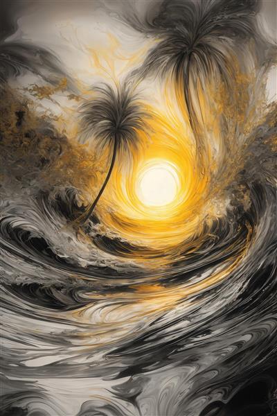 عکس نخل‌های سیاه و سفید با گرداب طلایی در کنار آب برای تابلو