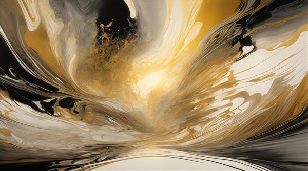 تصویر امواج انتزاعی طلایی و سیاه با انفجار نور در مرکز