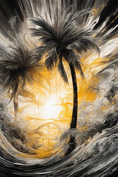 طرح نخل‌های انتزاعی در غروب طلایی با امواج سیاه و سفید