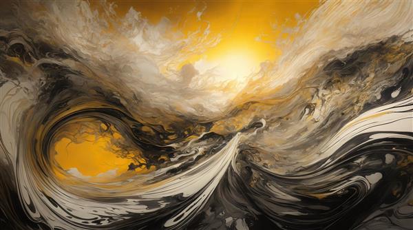 عکس امواج طوفانی طلایی و سیاه با مرکز نورانی و امواج