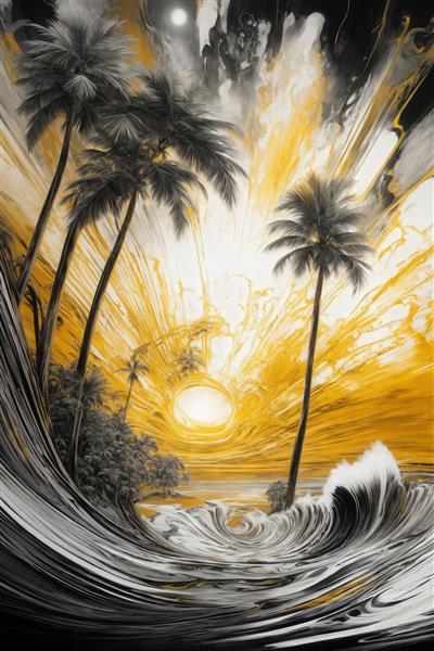 تصویر نخل‌های سیاه و سفید با موج سهمگین و نور خورشید طلایی